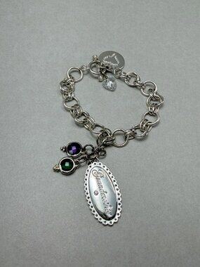 Grandmother Charm Bracelet Silver Tone Crystal Dangle Heart Gift 6.3/4"